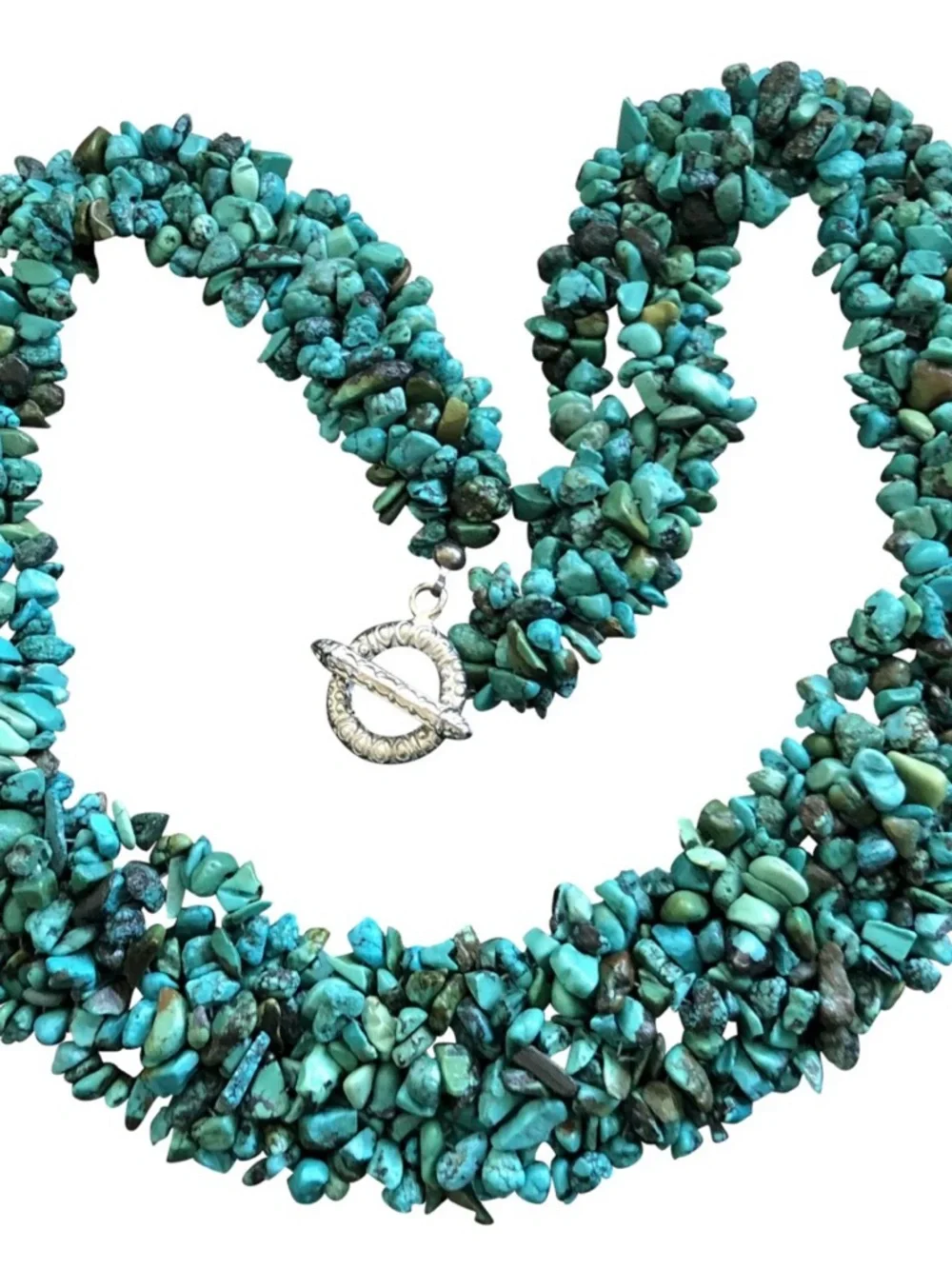 Vintage Genuine Turquoise Chip Beaded Statement Necklace 925s Clasp Never Worn - Picture 2 of 3